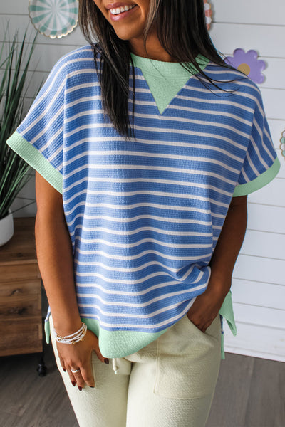 Sky Blue & Mint Striped Short Sleeve Top
