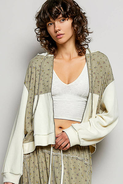 Sage Thermal Floral Knit Zip-Up Hoodie