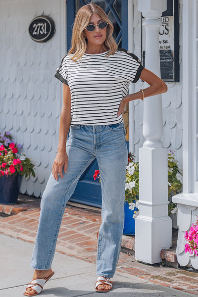 Black Stripe Cuffed Sleeve Button Detail Tee