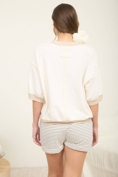 Cream Contrast Trim Short Sleeve Knit Top