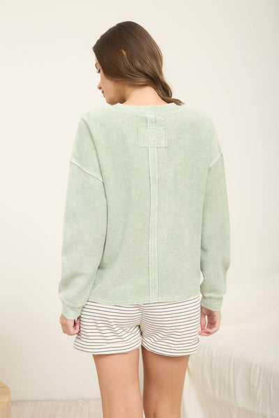 Light Olive Washed Pocked Ribbed Knit Top