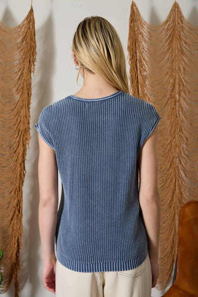 Indigo Raw Edge Short Sleeve Henley Top