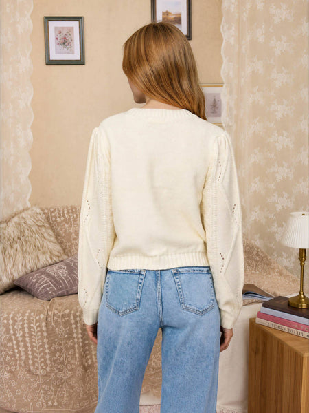 Cream Floral Embroidered Cable Knit Cardigan