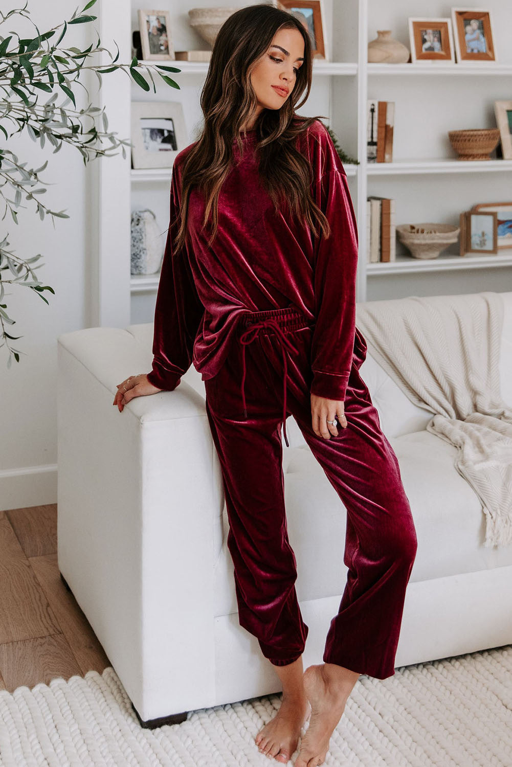 Deep Burgundy Velvet Two Piece Lounge Set