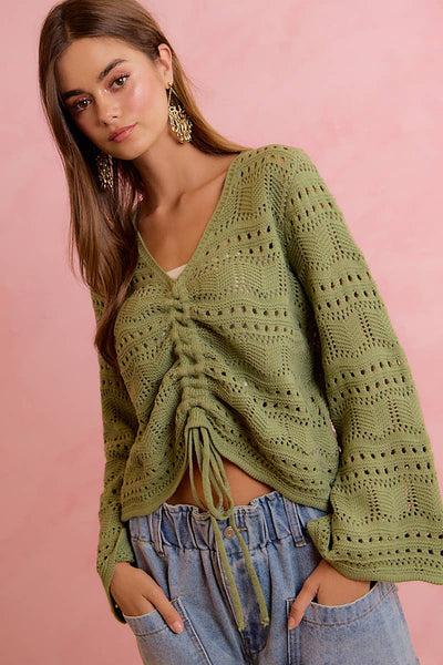 Olive Pointelle Knit V-Neck Ruched Top