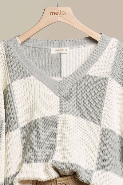 Cropped Dusty Mint Checkered V-Knit Sweater