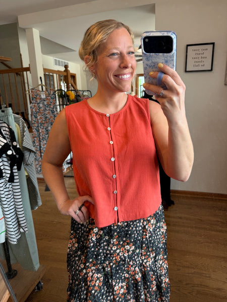 Coral Button Front Cropped Tank Top