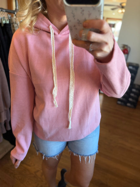 Mauve Ribbed Drawstring Hooded Sweatshirt