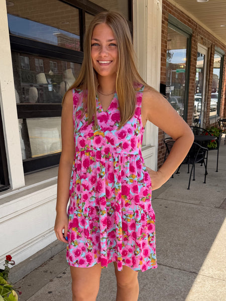 Aqua & Pink Floral Comfort Stretch Tiered Lizzy Dress