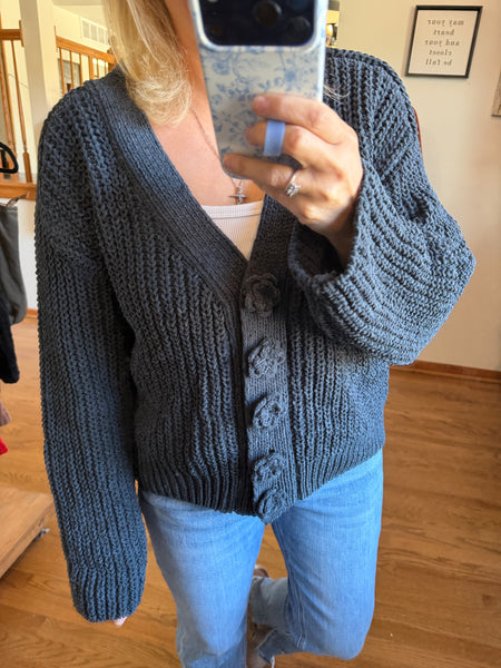 Charcoal Chenille Flower Button Cardigan
