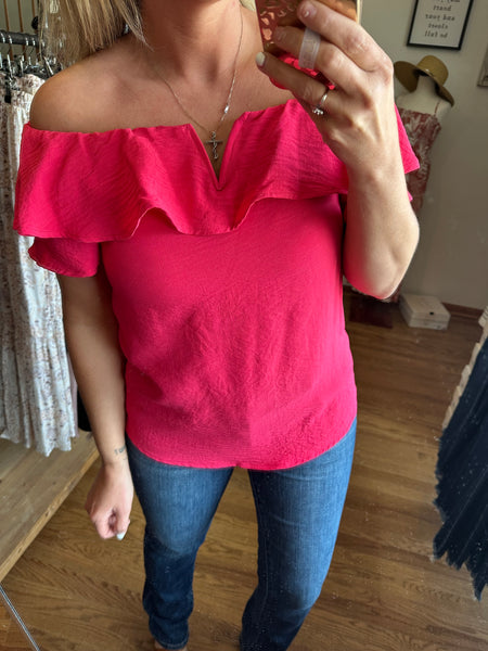Hot Pink Off Shoulder Flutter Blouse