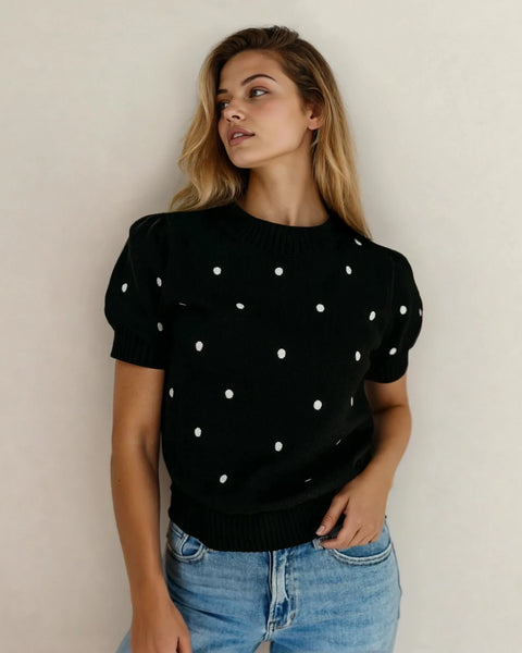 Black Polka Dot Short Sleeve Sweater