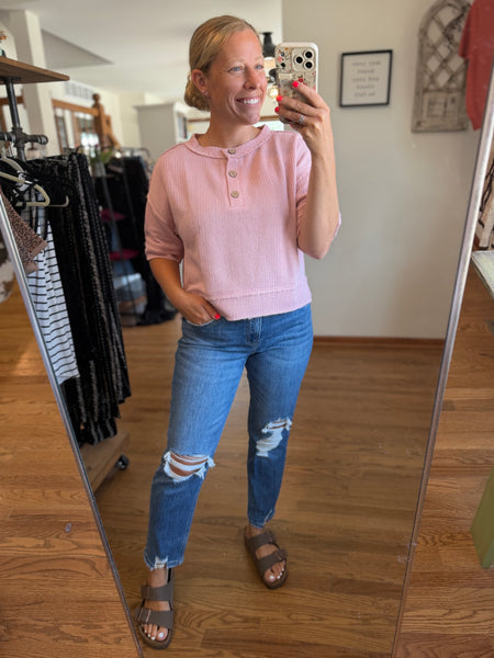 Pink Raw Edge Short Sleeve Henley Top