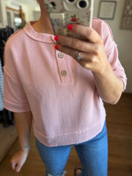 Pink Raw Edge Short Sleeve Henley Top