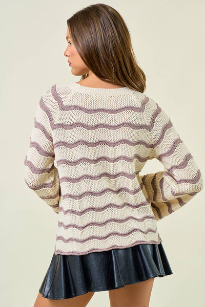 Cream & Lavender Striped Bell Sleeve Sweater