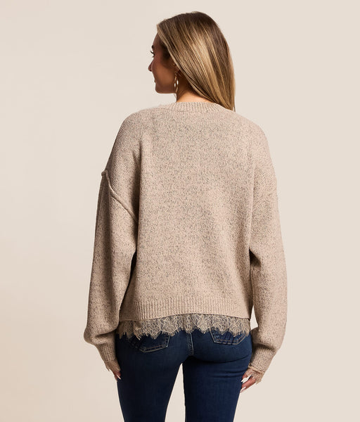 Lace Trim Exposed Seam Button Down Knit Cardigan