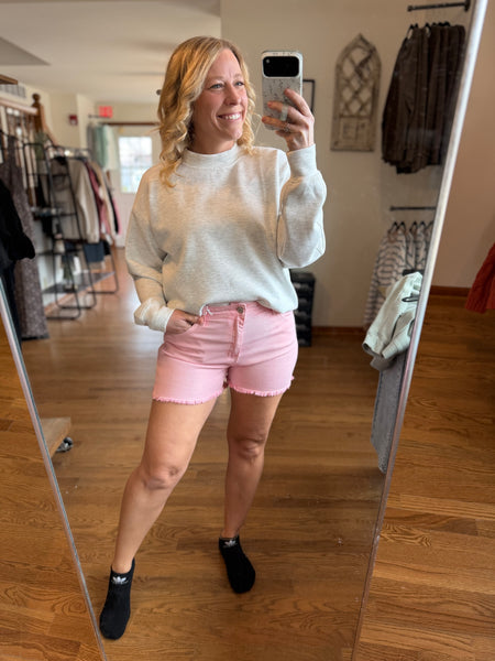 Zenana Ash Pink Acid Wash Frayed Hem Shorts