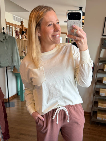 Cream Oversized Washed Long Sleeve Pocket Tee