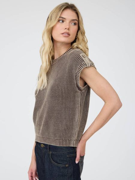 Dark Brown Acid Wash Back Button Knit Top