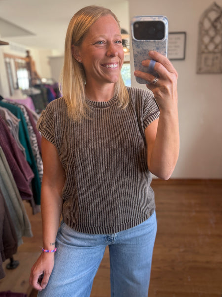 Dark Brown Acid Wash Back Button Knit Top