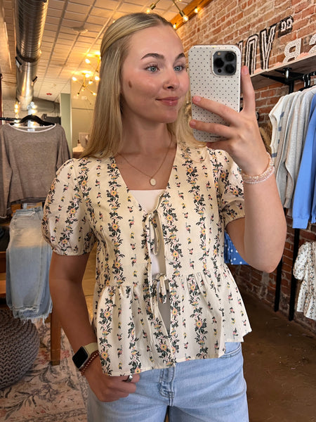 Ivory Floral Tie Front Blouse