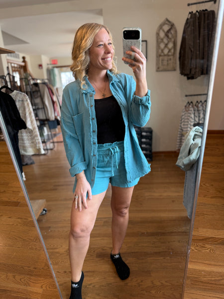 Dusty Teal Linen Shorts