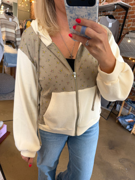 Sage Thermal Floral Knit Zip-Up Hoodie