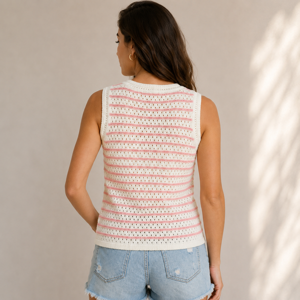 Pink Stripe Crochet Sleeveless Sweater