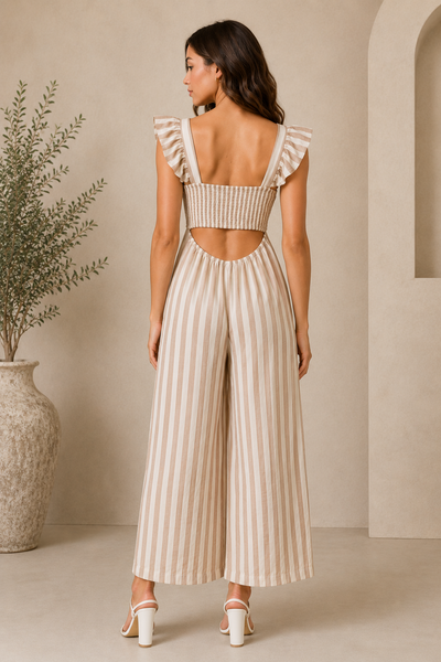 Beige Striped Cotton Gauze Wide Leg Jumper