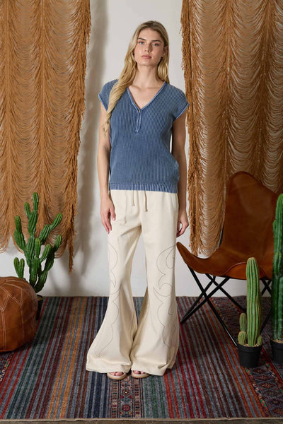 Indigo Raw Edge Short Sleeve Henley Top