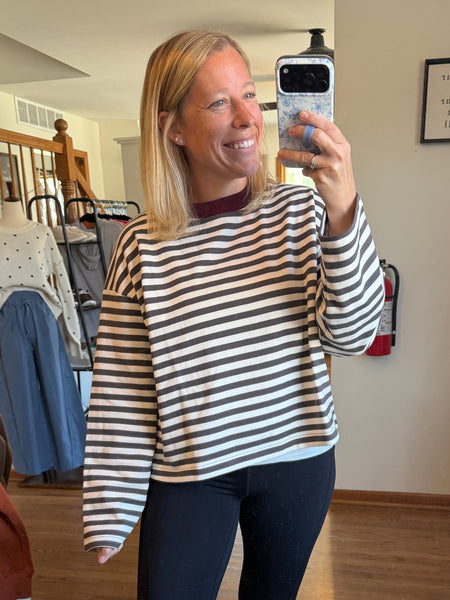 Charcoal Stripe Color-Block Trim Top