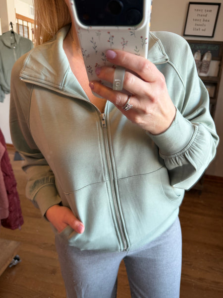 Sage Green High Neck Long Sleeve Zippered Jacket