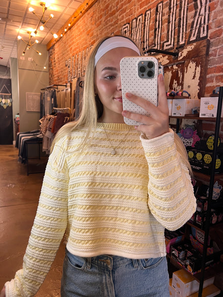 Yellow Textured Stripe Cropped Knit Top