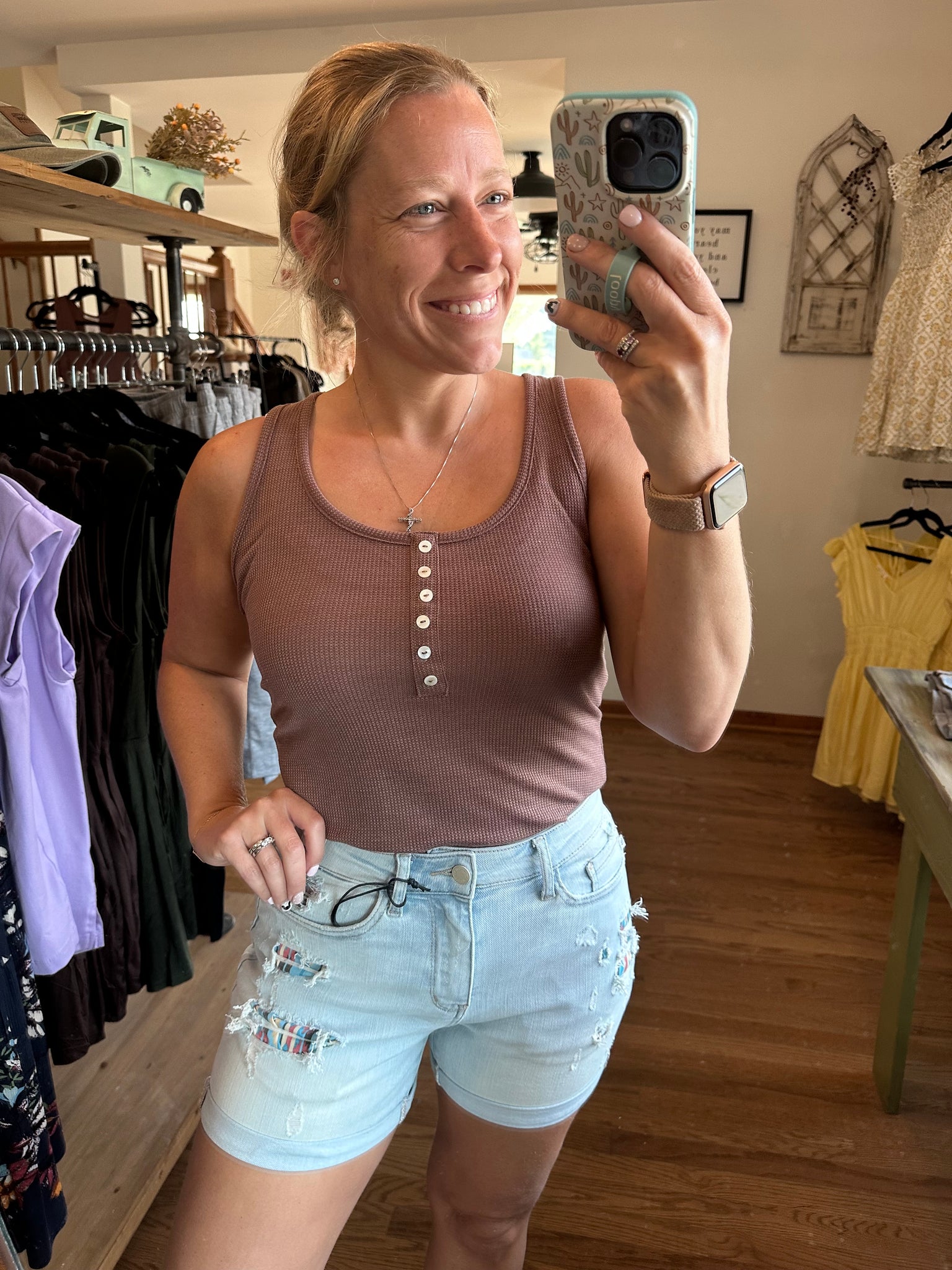 Vintage Mulberry Ribbed Button Tank Top