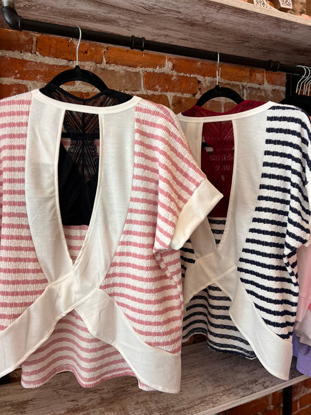 Pink Striped Open Back Knit Top