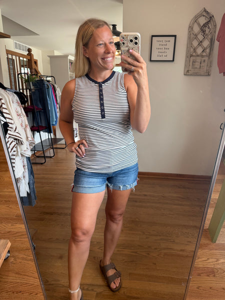 White & Navy Striped Button Tank Top