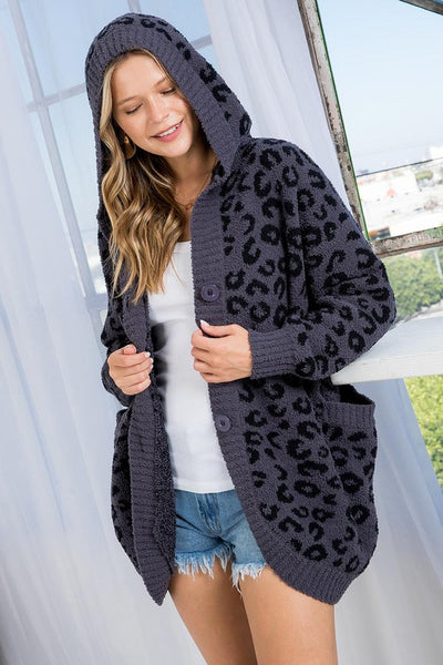 Curvy Leopard Cozy Hooded Button Cardigan