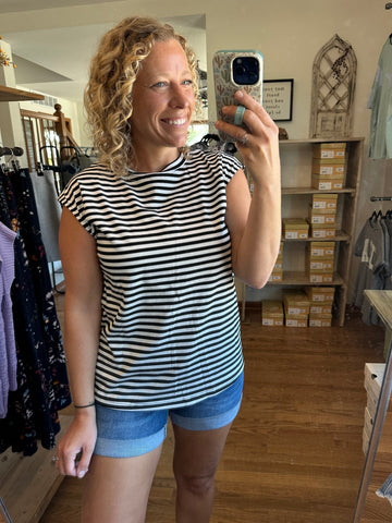 Black Stripe Ribbed Cap Sleeve Top