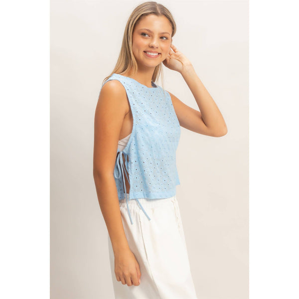 Baby Blue Sleeveless Textured Eyelet Top With Side Straps