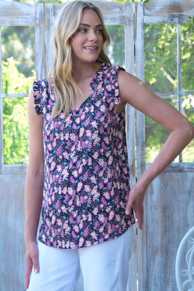 Navy Floral Ruffle Tank