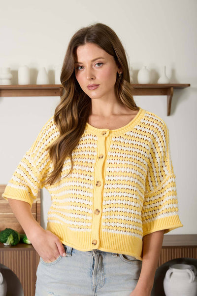 Yellow Striped Short Sleeve Crochet Knit Cardigan