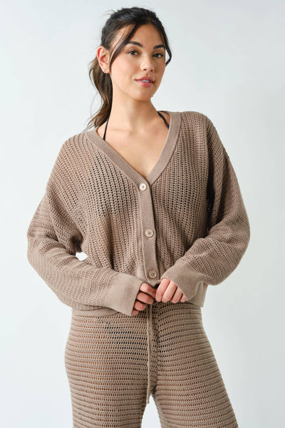 Silken Taupe Coastal Crochet Air Knit Top