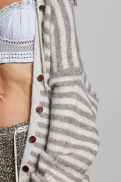 Almond Striped Hooded Ribbed Knit Cardigan