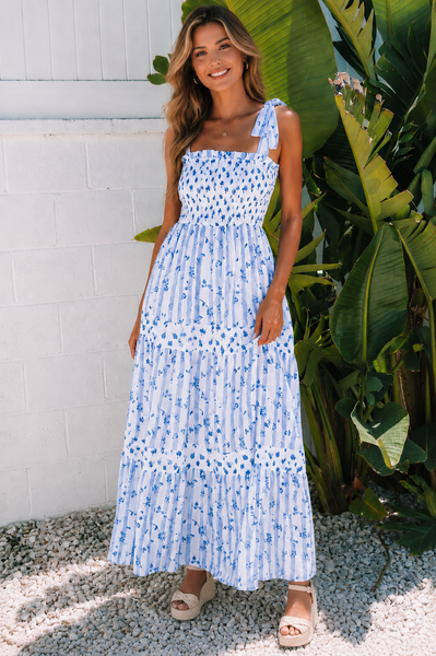 Sky Blue Floral Smocked Tiered Maxi Dress