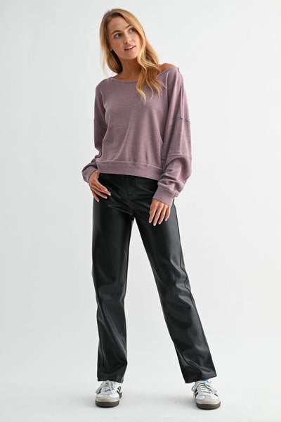 Rose Taupe Raw Edge Waffle Knit Pullover