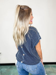Navy Mineral Wash Button Sleeve Top