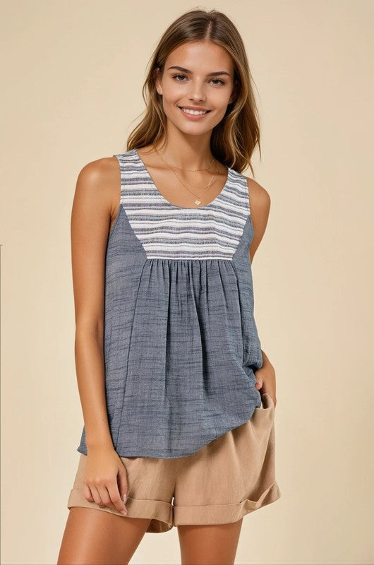 Denim Striped Yoke Tank Top
