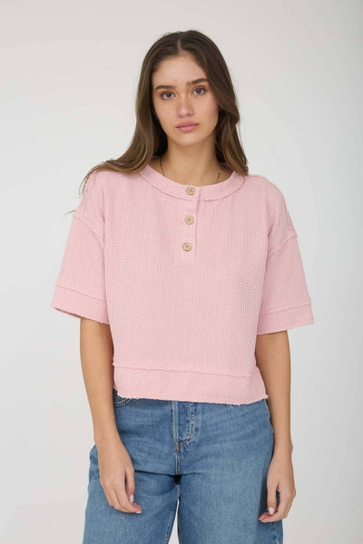 Pink Raw Edge Short Sleeve Henley Top