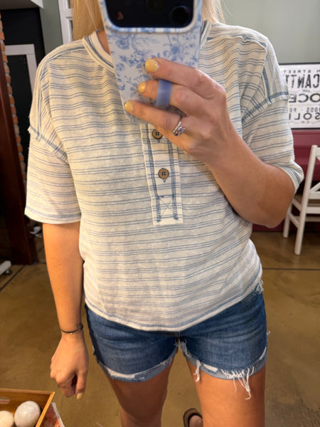 Blue Stripe Henley Exposed Seam Top
