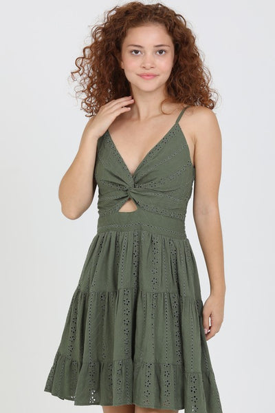 Olive Eyelet Embroidered Twist Front Cutout Sundress